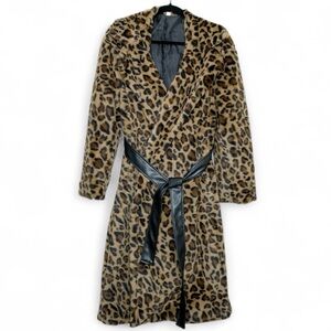 Leopard Print Faux Fur Coat with Black Belt